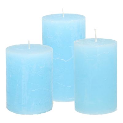 Stompkaarsen/cilinderkaarsen set - 3x - licht blauw - rustiek model Stompkaarsen/cilinderkaarsen set - 3x - licht blauw - rustiek model