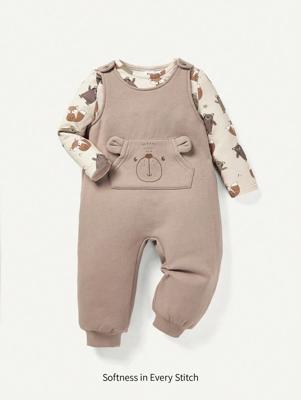 Bon&Bon 2pcs Baby Boy Cute Bear Print Round Neck Top And Bib Pants Set Apricot / 0-1M