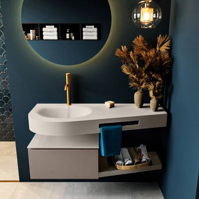 MONDIAZ RIVA 120cm badmeubel onderkast / planchet kleur Smoke met 1 lade. Wastafel DULCET links 1 kraangat kleur Linen. MONDIAZ RIVA 120cm badmeubel onderkast / planchet kleur Smoke met 1 lade. Wastafel DULCET links 1 kraangat kleur Linen.