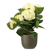 Hortensia kunstplant/kunstbloemen 36 cm - wit/groen - in pot olijfgroen mat