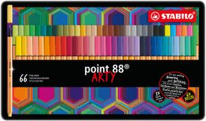 STABILO point 88, fineliner 0.4 mm, ARTY metalen etui met 66 stuks, 65 kleuren