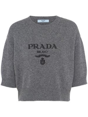 Prada pull crop en laine à logo intarsia - Gris
