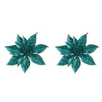2x Kerstboomversiering op clip emerald groene bloem 15 cm - thumbnail