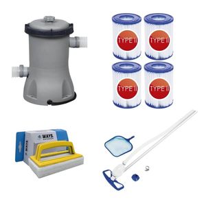 Bestway - Zwembadstofzuiger AquaClean & Filterpomp 2006 L/u & 4 Filters Type II & WAYS Scrubborstel