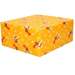 1x Rollen Kerst inpakpapier/cadeaupapier oker geel/rendieren fun 2,5 x 0,7 meter