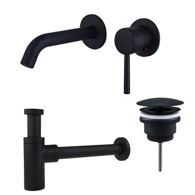 Fortifura Calvi Wastafelkraanset - inbouw wastafelkraan - always open plug - design sifon - Mat zwart SW377837/SW696205/SW696210