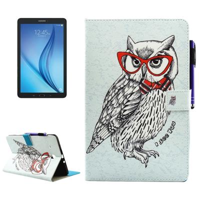 Samsung Galaxy Tab E 9.6 inch / T560 horizontaal Uil met bril patroon PU leren Flip Hoesje met houder, slaap / ontwaak functie en opbergruimte voor pe