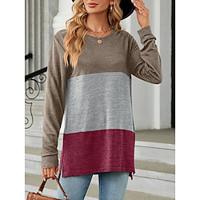 Dames T-shirt Kleurenblok Afdrukken Dagelijks Casual Lange mouw Strakke ronde hals Rood Lente Herfst Lightinthebox