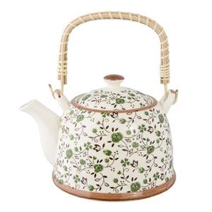 Clayre & Eef Theepot met Filter 700 ml Groen Keramiek Rond Bloemen