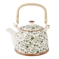 Clayre & Eef Theepot met Filter 700 ml Groen Keramiek Rond Bloemen