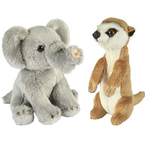 Safari dieren serie pluche knuffels 2x stuks - Olifant en Stokstaartje van 15 cm