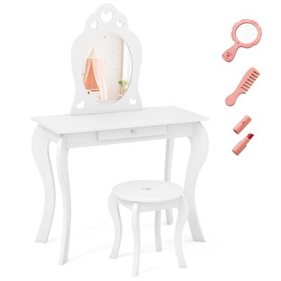 Kinderkaptafel Kaptafel Make-uptafel met Kruk en Spiegel Wit
