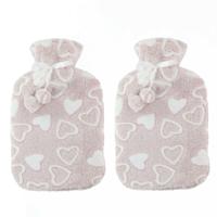 Warmwaterkruiken 2 liter met zachte fleece hoes beige/hartjes 2x stuks