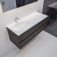Mondiaz Vica Moon badmeubel eiken donker bruin 120 cm 2 lades solid surface enkele spoelbak links 1 kraangat