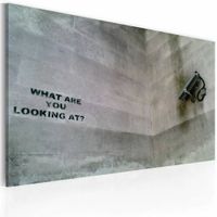 Schilderij - Banksy - What are you looking at? Grijs, 40x60cm , wanddecoratie , premium print op canvas - thumbnail
