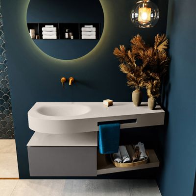 MONDIAZ RIVA 120cm badmeubel onderkast / planchet kleur Dark_Grey met 1 lade. Wastafel DULCET links 0 kraangaten kleur Linen.