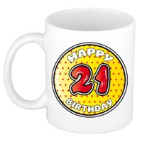 Verjaardag cadeau mok - 21 jaar - geel - sterretjes - 300 ml - keramiek