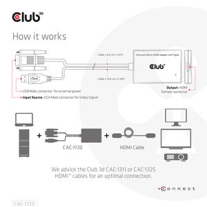 club3D CAC-1720 HDMI / USB / VGA Adapter [2x VGA-stekker, USB-stekker - 1x HDMI-bus] Zwart Met USB, Schroefbaar, Vergulde steekcontacten 0.6 m