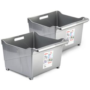 Opslag/opberg trolley container - 2x - zilver - op wieltjes - L39 x B38 x H26 cm - kunststof