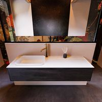 Badkamermeubelset Mondiaz Erin 150 cm met 1 Lade met RIDGE Wastafel Links Talc met 1 kraangat Greeploos Mat Dark Brown
