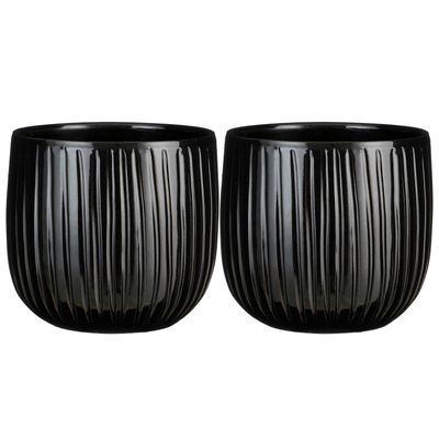 2x stuks plantenpot/bloempot zwart ribbels glans - D25/H20 cm