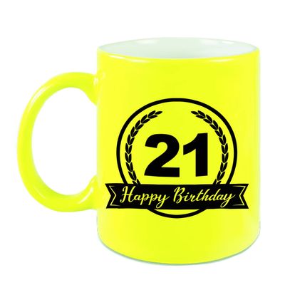 Happy Birthday 21 years met wimpel cadeau mok / beker neon geel 330 ml - verjaardagscadeau - feest mokken Happy Birthday 21 years met wimpel cadeau mok / beker neon geel 330 ml - verjaardagscadeau - feest mokken