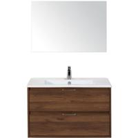 Porto Badmeubelset 90 cm - Walnoot - Keramische Wastafel Wit Slim met Spiegel