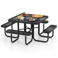 Vierkante Picknicktafel Set met 4 Ingebouwde Banken Metalen Campingtafel met Zitplaatsen en Gat voor Parasol voor Zwembadtuin Zwart