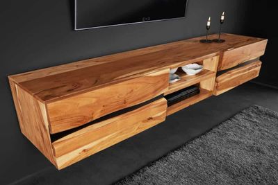 Hangend tv-meubel AMAZONAS 160cm natuurlijk acacia massief hout boomrand metaal zwart - 43706
