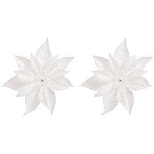 2x Kerstboomversiering bloem op clip witte kerstster 18 cm