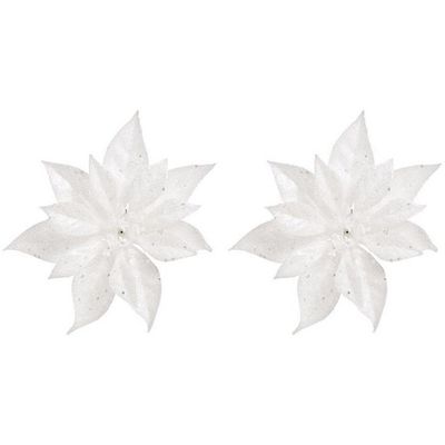 2x Kerstboomversiering bloem op clip witte kerstster 18 cm