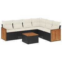 7-delige Loungeset met kussens poly rattan zwart
