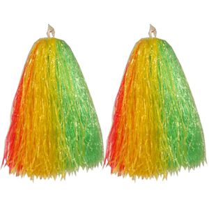 2x Stuks cheerball/pompom rood/geel/groen met ringgreep 33 cm