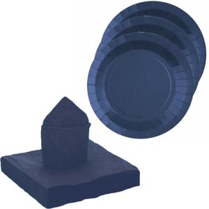 Feest/verjaardag servies set 10x gebaksbordjes/20x servetten - kobalt blauw - karton