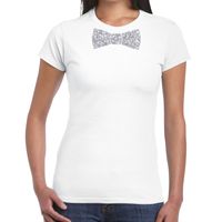 Wit fun t-shirt met vlinderdas in glitter zilver dames