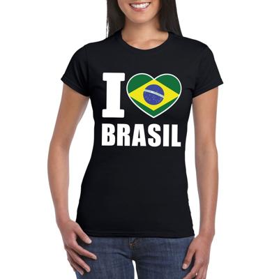Brazilie supporters kleding t-shirt - voor dames - zwart - met vlag kleuren print - korte mouwen