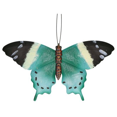 Tuin/schutting decoratie turquoise blauw/zwarte vlinder 44 cm