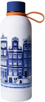 Heinen Delfts Blauw waterfles metaal grachtenpanden 7x22cm delfts blauw