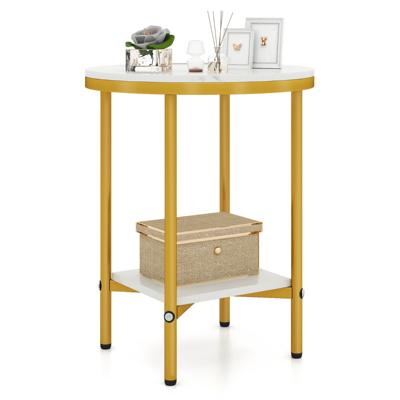 Ronde Salontafel Met Verschillende Niveaus 40,5 cm Bijzettafel Met Witte Marmerlook & Opbergruimte Wit + goud
