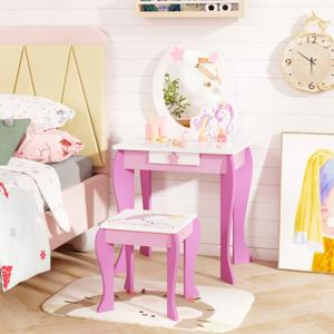 Kinderen Kaptafel Set Houten Prinses Kaptafel met Krukje Afneembare Spiegel en Opberglade Kaptafel Set Roze