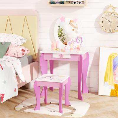 Kinderen Kaptafel Set Houten Prinses Kaptafel met Krukje Afneembare Spiegel en Opberglade Kaptafel Set Roze
