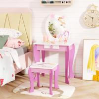 Kinderen Kaptafel Set Houten Prinses Kaptafel met Krukje Afneembare Spiegel en Opberglade Kaptafel Set Roze