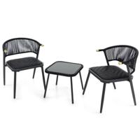 3-Delige Rotan Meubelset 2 Stoelen met Sneldrogende Schuimvulling en Salontafel van Gehard Glas Veranda Of Zwembad
