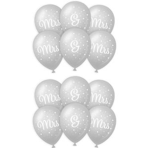 12x stuks Mrs. & Mrs. huwelijks feest ballonnen - zilver/wit - latex - ca 30 cm