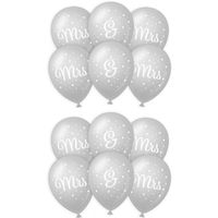 12x stuks Mrs. & Mrs. huwelijks feest ballonnen - zilver/wit - latex - ca 30 cm