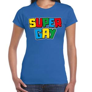 Bellatio Decorations Gay Pride T-shirt voor dames - super gay - blauw - pride - regenboog - LHBTI 2XL  -