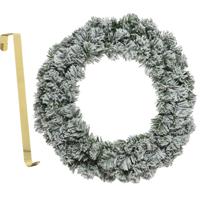 Kerstkrans groen met sneeuw 35 cm kunststof incl. deurhanger - Kerstkransen - thumbnail