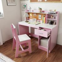 Kindertafel & Stoel Set Hout Kinderbureau met Planken & Lade Roze