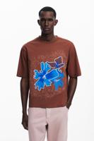 T-shirt met korte mouwen en bloemenpatch - BROWN - L