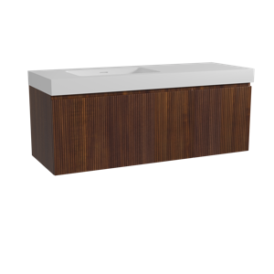 Storke Ribs zwevend badmeubel 140 x 52 cm notenhout met Mata High asymmetrisch linkse wastafel in solid surface mat wit, Verticale symmetrische rechte ribbel